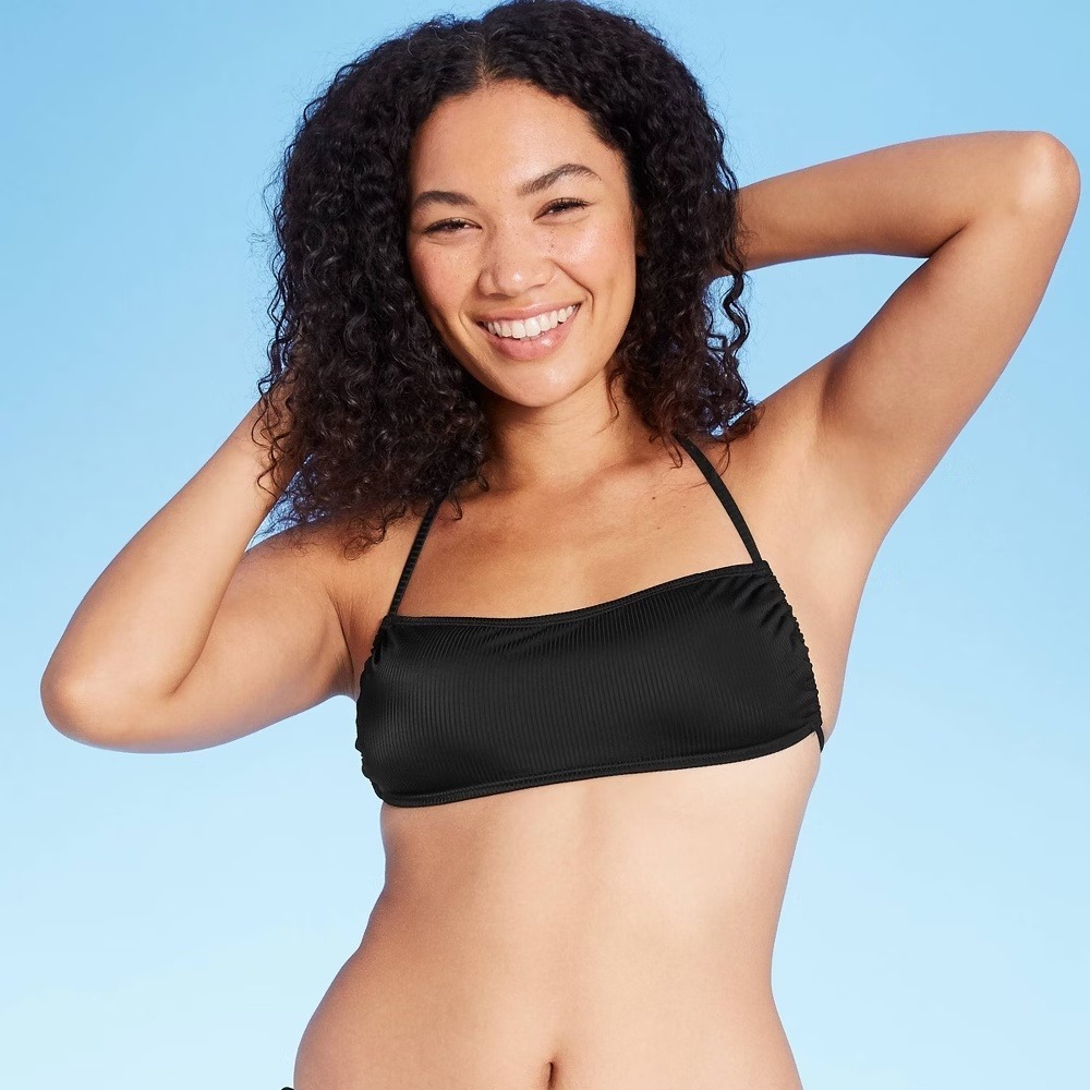 Wild Fable Black Ribbed Bandeau Bikini Top Size XL (12-14) Halter Neck Swim Top
